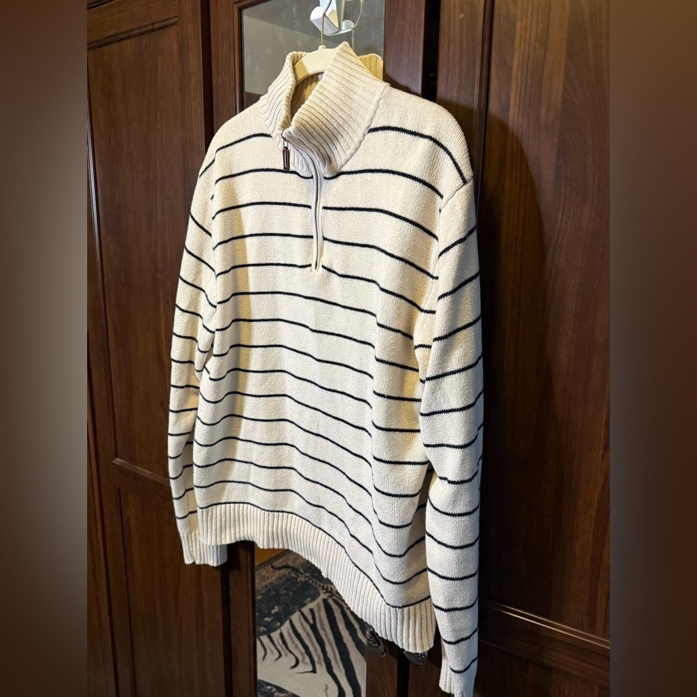 J. Crew Men's Cream and Black Striped Heritage Zip-Up Sweater size Large